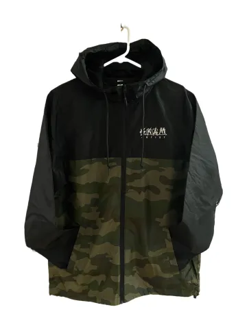 Black and Green Camo Embroidered Zip Windbreaker with Hood